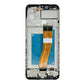 Back of the Samsung Galaxy A03 OEM LCD with middle frame, showing the black frame, blue protective film and the orange display flex cable