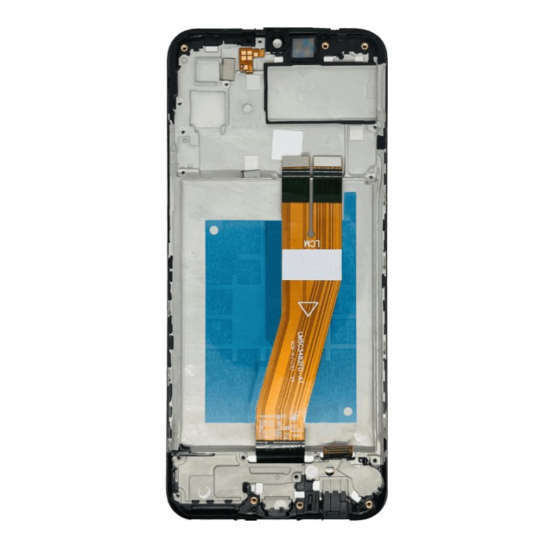 Back of the Samsung Galaxy A03 OEM LCD with middle frame, showing the black frame, blue protective film and the orange display flex cable