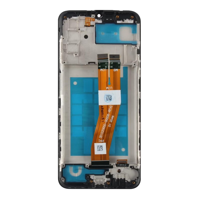 Back of the Samsung Galaxy A03s OEM LCD with middle frame, showing the black frame, blue protective film and the orange display flex cable