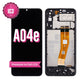 Samsung Galaxy A04e (SM-A042F) in-cell LCD replacement screen with middle frame, front marked A04e with a pink IC3 badge and Premium In-Cell LCD ribbon, beside the back of the frame