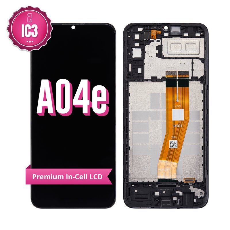 Samsung Galaxy A04e (SM-A042F) in-cell LCD replacement screen with middle frame, front marked A04e with a pink IC3 badge and Premium In-Cell LCD ribbon, beside the back of the frame