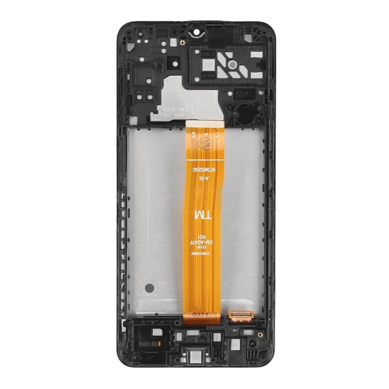 Back of the Samsung Galaxy A04s OEM LCD with middle frame, showing the black frame and the orange display flex cable marked SM-A047F
