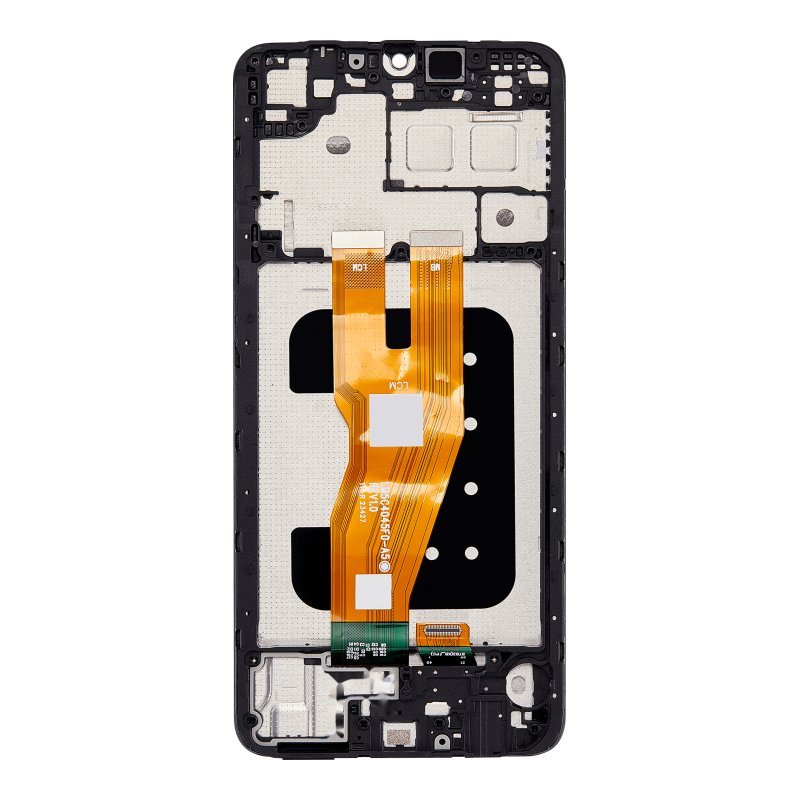 Back of the Samsung Galaxy A05 replacement screen, showing the new middle frame with the orange display flex, ready for your board, sub-board and battery