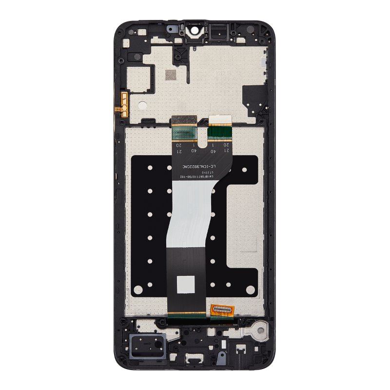 Back of the Samsung Galaxy A05s replacement screen, showing the new middle frame and display flex, ready for your board, sub-board and battery