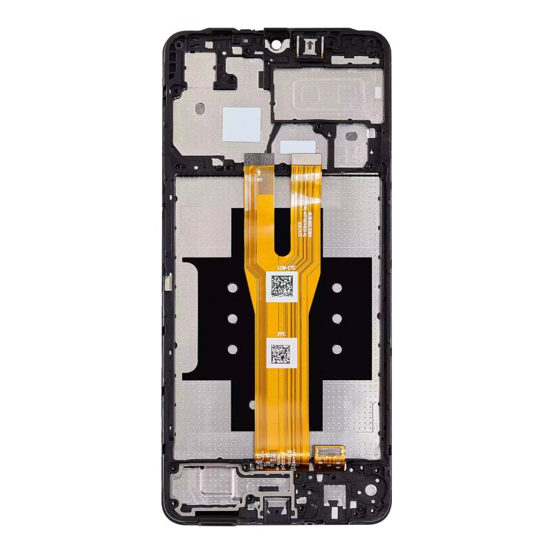Back of the Samsung Galaxy A06 4G replacement screen, showing the new middle frame with the orange display flex, ready for your board, sub-board and battery