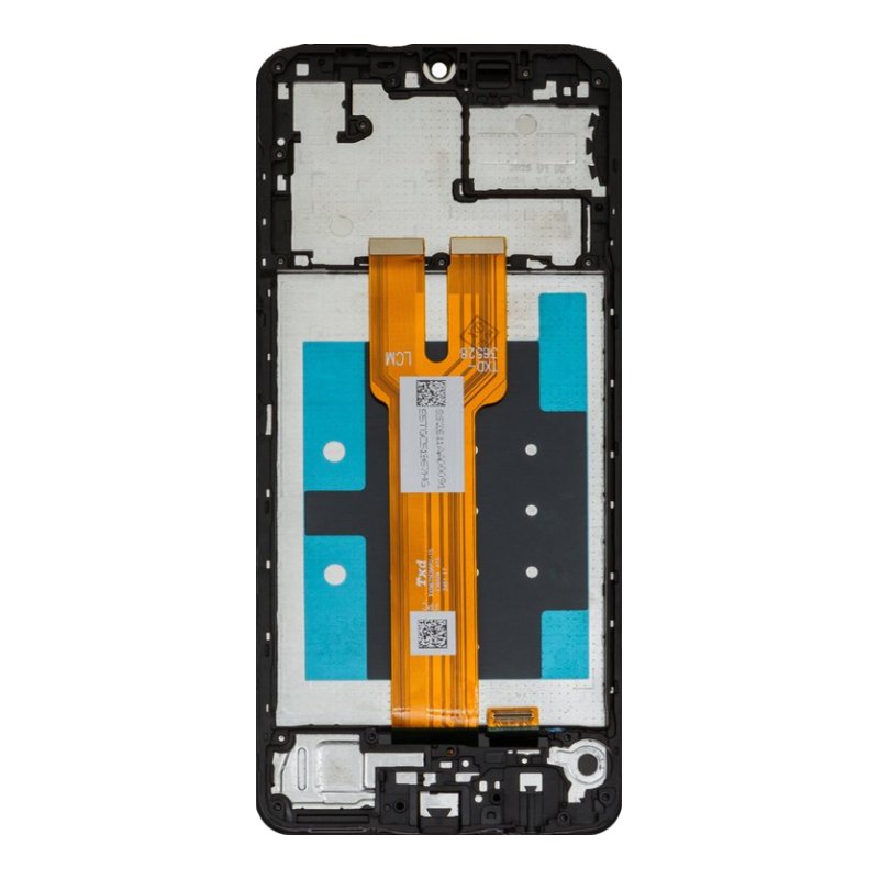 Back of the Samsung Galaxy A06 5G OEM LCD with middle frame, showing the black frame, blue protective film and the orange display flex cable