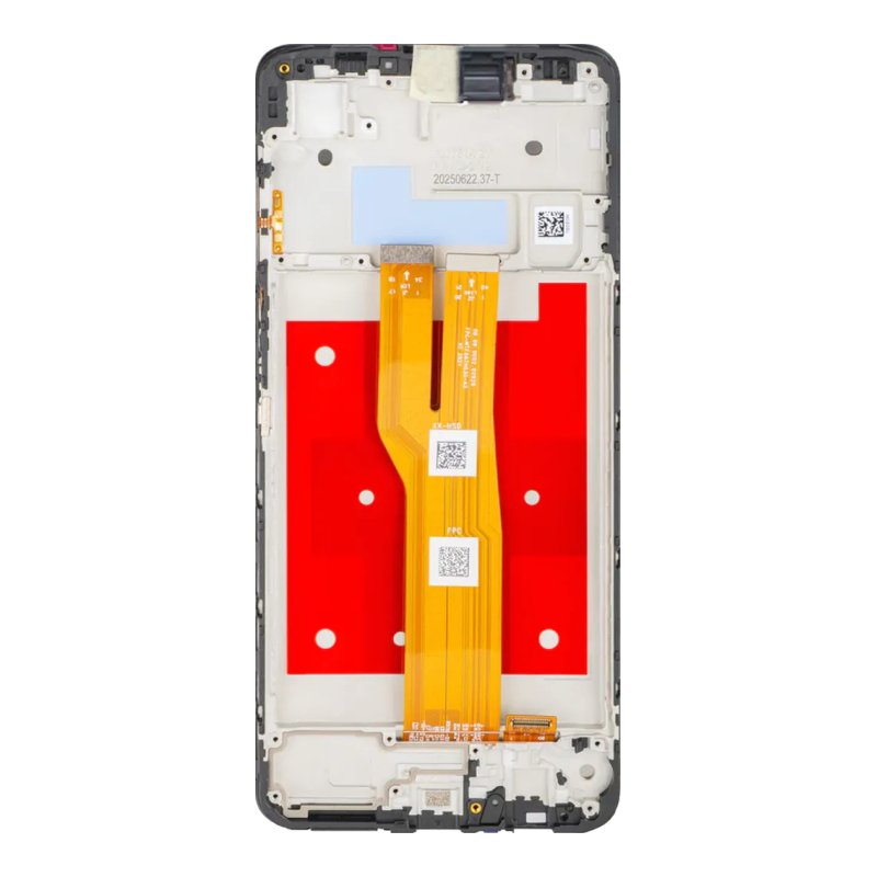 Back of the Samsung Galaxy A07 4G replacement screen, showing the new middle frame with the orange display flex, ready for your board, sub-board and battery