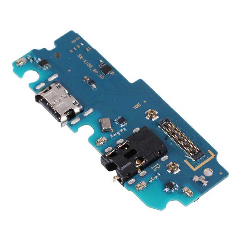 Samsung Galaxy A13 5G charging port board printed SM-A136, with USB-C port and headphone jack, angled view on a white background