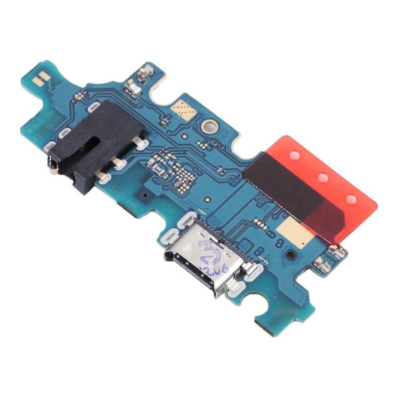 Samsung Galaxy A13 4G charging port board printed A135F/U, with USB-C port, headphone jack and microphone, second angled view on a white background
