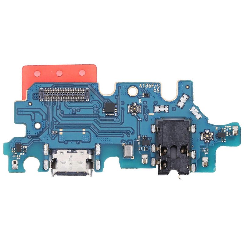 Samsung Galaxy A13 4G charging port board printed A135F/U, with USB-C port, headphone jack and microphone, straight-on front view on a white background