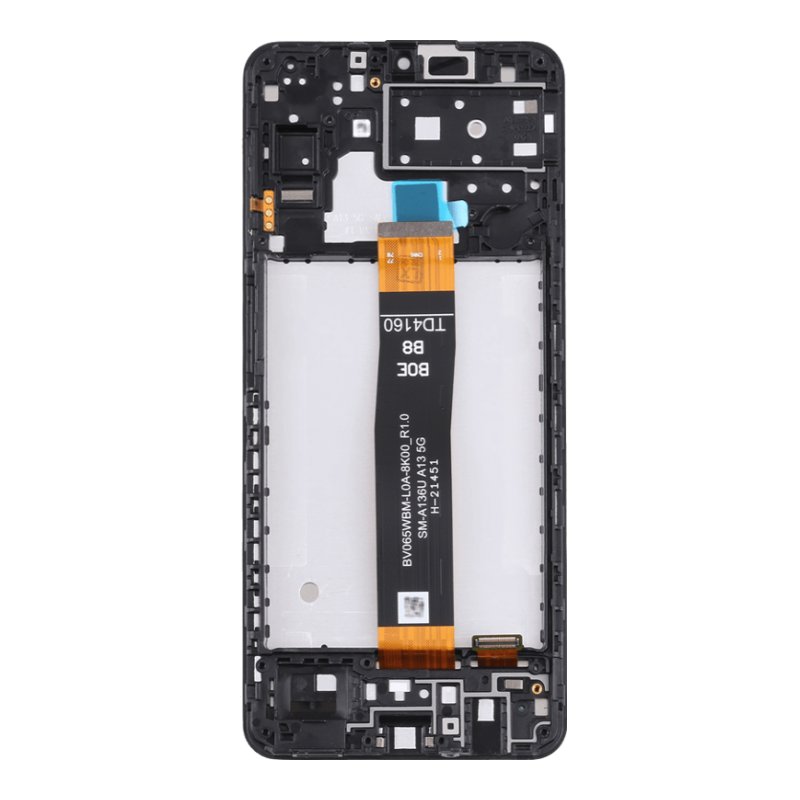 Back of the Samsung Galaxy A13 5G OEM LCD with middle frame, showing the black frame and the display flex cable marked A13 5G