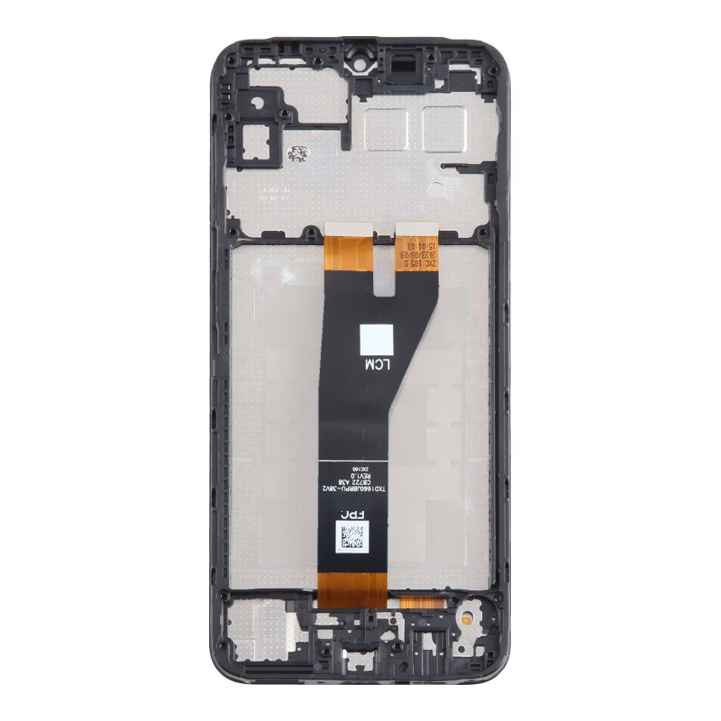 Back of the Samsung A14 5G SM-A146P and SM-A146U replacement LCD and digitiser in its black middle frame, showing the black display flex