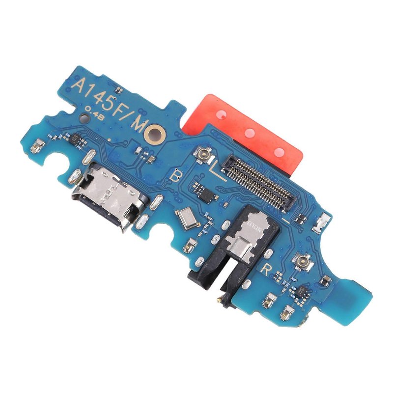 Samsung Galaxy A14 4G charging port board for the SM-A145F, with USB-C port and headphone jack, angled view on a white background