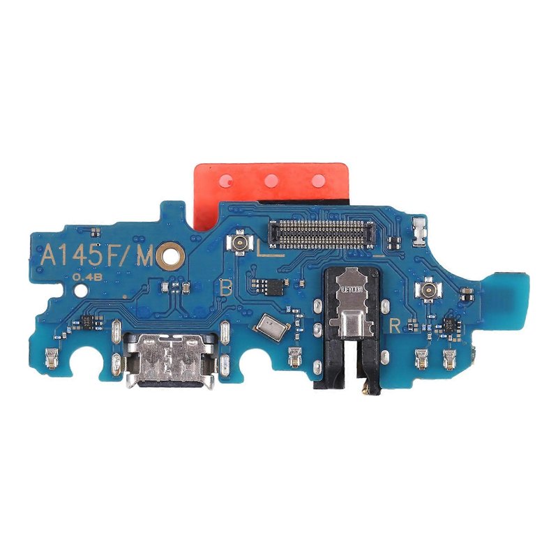 Samsung Galaxy A14 4G charging port board for the SM-A145F, with USB-C port and headphone jack, straight-on front view on a white background