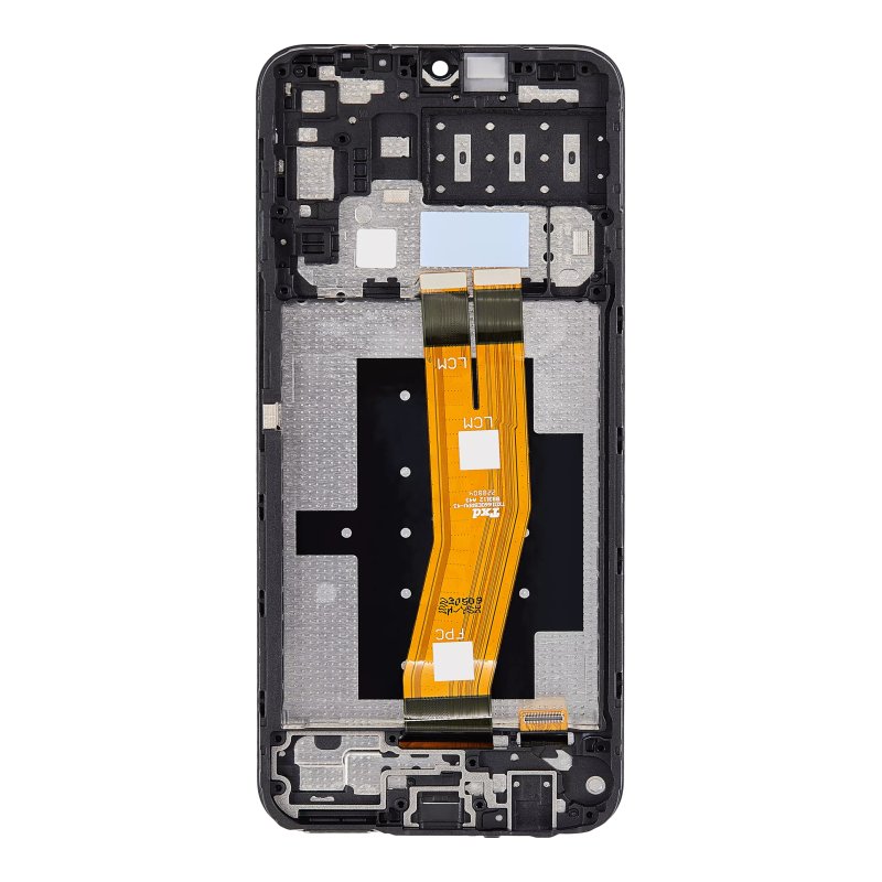 Back of the Samsung Galaxy A14 4G OEM LCD with middle frame, showing the black frame, the grey shield and the orange display flex cable