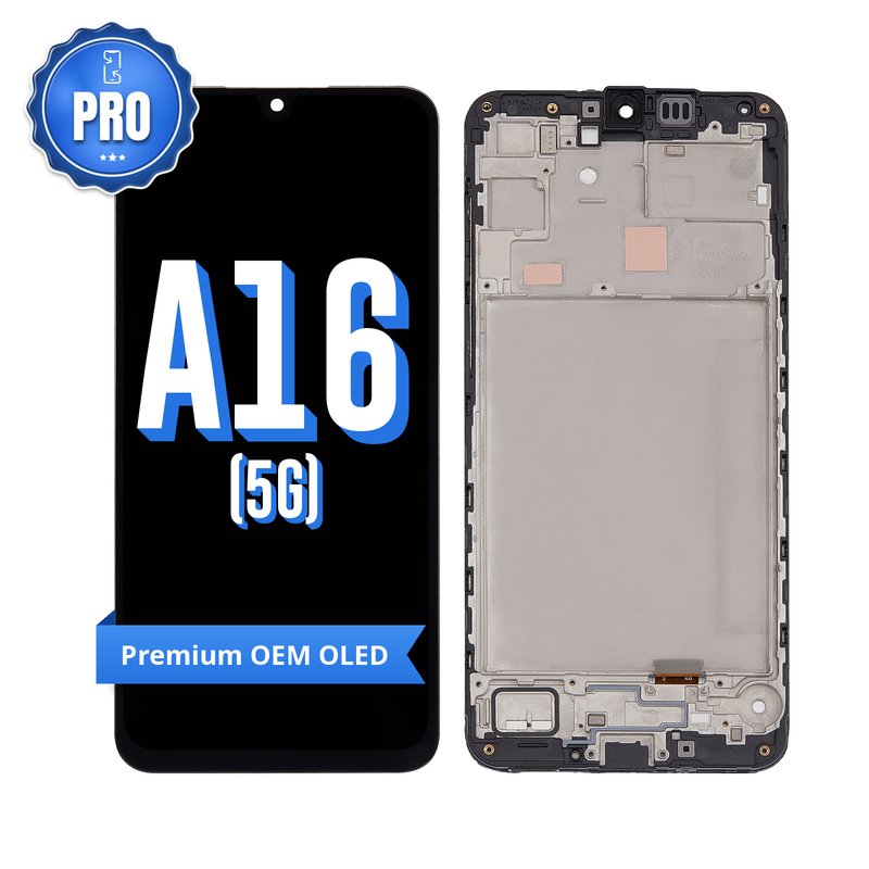 Samsung Galaxy A16 5G (SM-A166B) OEM OLED replacement screen with middle frame, front marked A16 (5G) with a blue PRO badge and Premium OEM OLED ribbon, beside the back of the frame