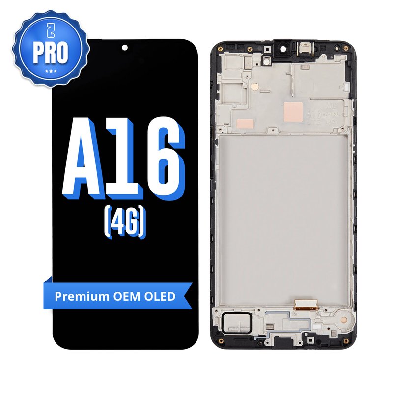 Samsung Galaxy A16 4G (SM-A165F) OEM OLED replacement screen with middle frame, front marked A16 (4G) with a blue PRO badge and Premium OEM OLED ribbon, beside the back of the frame