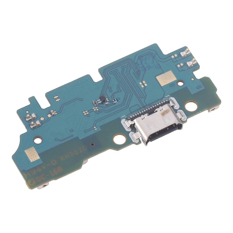 Samsung Galaxy A16 4G charging port board printed A16_LTE_03A, with USB-C port and microphone, angled view of the other side on a white background