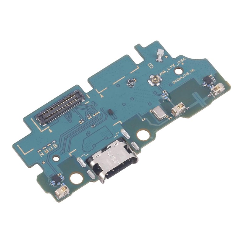 Samsung Galaxy A16 4G charging port board printed A16_LTE_03A, with USB-C port and microphone, angled view on a white background