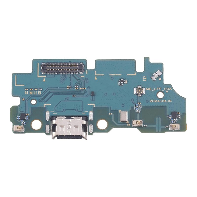 Samsung Galaxy A16 4G charging port board printed A16_LTE_03A, with USB-C port and microphone, straight-on front view on a white background