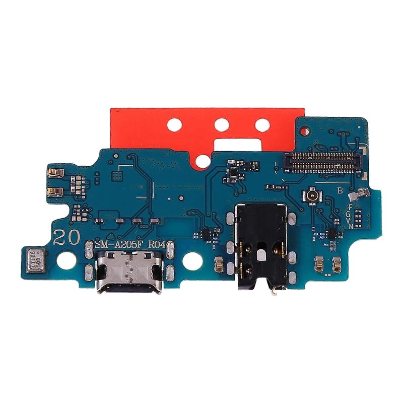 Samsung Galaxy A20 charging port board printed SM-A205F, with USB-C port, headphone jack and microphone, straight-on front view on a white background