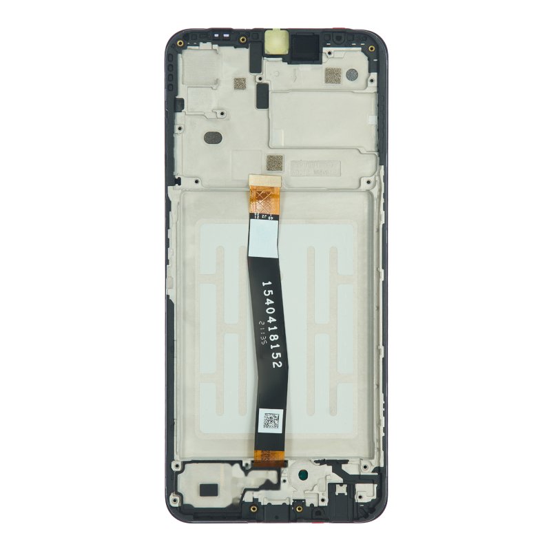 Back of the Samsung A22 5G replacement LCD and digitiser in its middle frame, showing the silver shielding and the black display flex