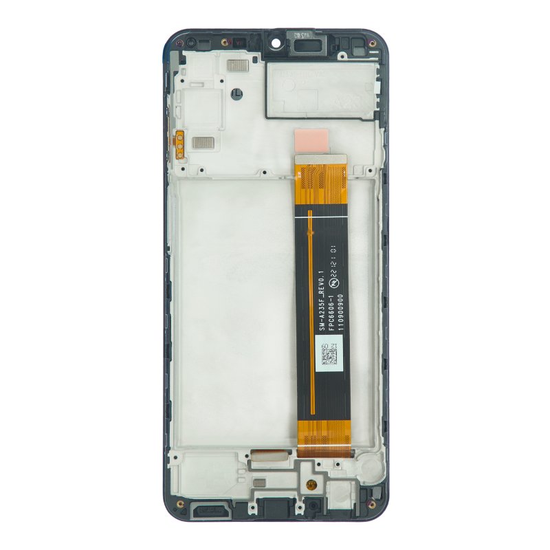 Back of the Samsung A23 4G replacement LCD and digitiser in its middle frame, with the display flex printed SM-A235F