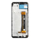 Back of the Samsung Galaxy A23 5G OEM LCD with middle frame, showing the frame, the blue A23 5G label and the display flex marked SM-A236U/B A23 5G
