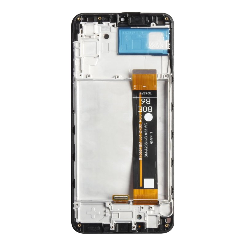 Back of the Samsung Galaxy A23 5G OEM LCD with middle frame, showing the frame, the blue A23 5G label and the display flex marked SM-A236U/B A23 5G