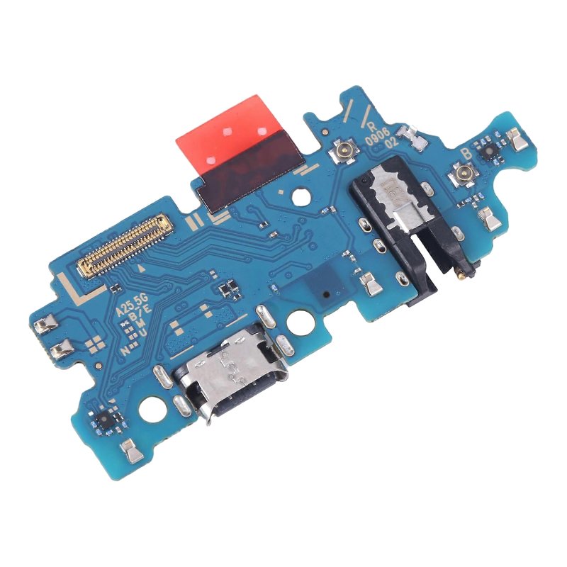 Samsung Galaxy A25 5G charging port board printed A25_5G, with USB-C port, headphone jack and microphone, angled view on a white background
