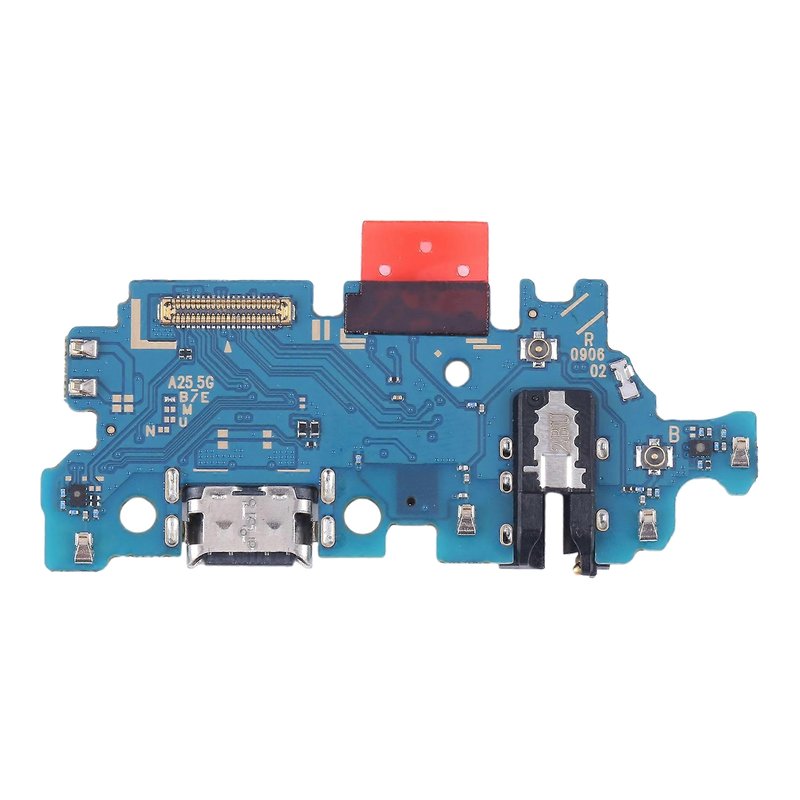 Samsung Galaxy A25 5G charging port board printed A25_5G, with USB-C port, headphone jack and microphone, straight-on front view on a white background