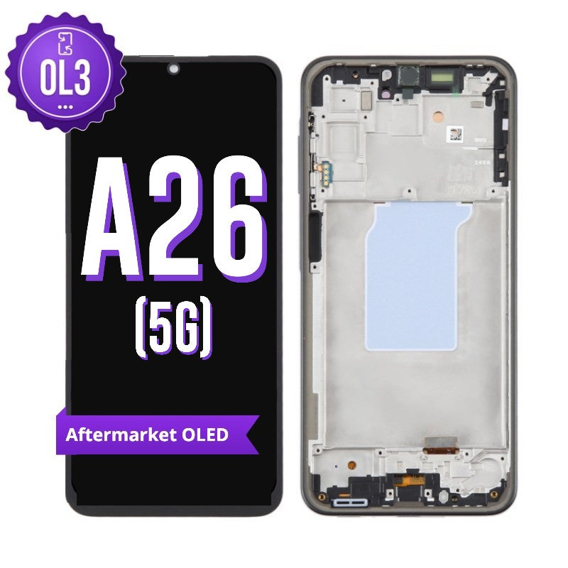 Samsung Galaxy A26 5G aftermarket OLED screen replacement with middle frame, shown front on with the purple OL3 badge and from the back showing the frame and flex cable