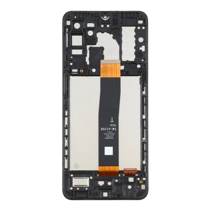 Back of the Samsung A32 5G replacement LCD and digitiser in its black middle frame, with the display flex printed SM-A326B