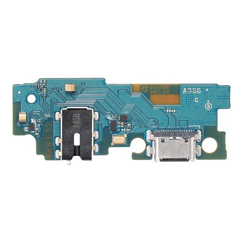 Samsung Galaxy A32 5G charging port board for the SM-A326B, with USB-C port, headphone jack and microphone, second straight-on view on a white background
