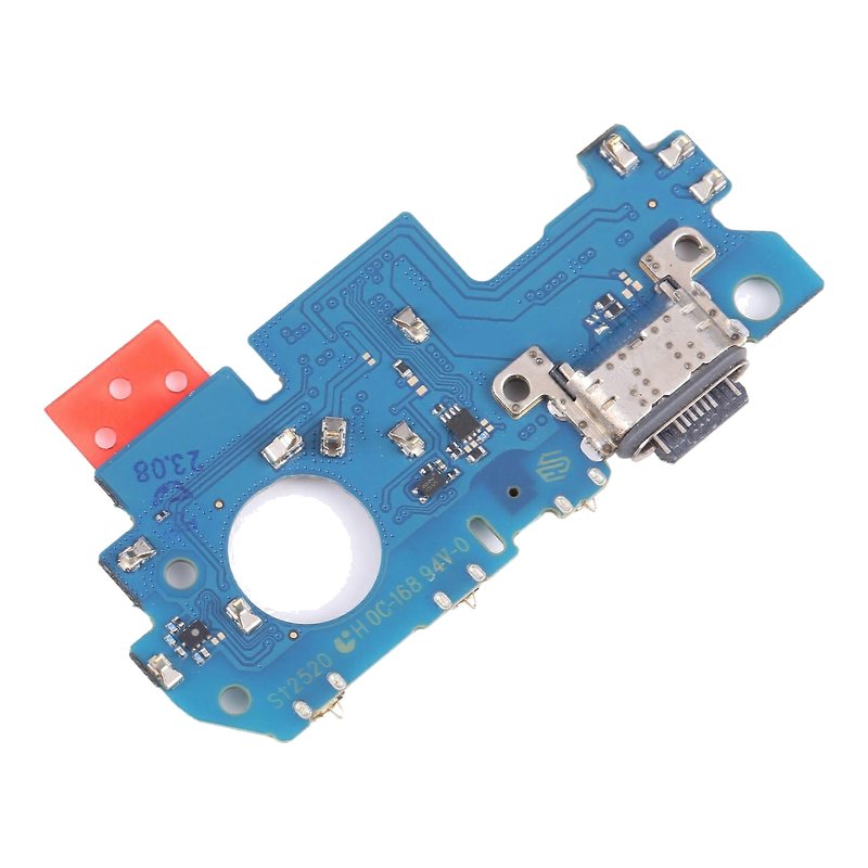 Samsung Galaxy A34 5G charging port board printed SM-A346_06, with USB-C port and microphone, angled view of the other side on a white background