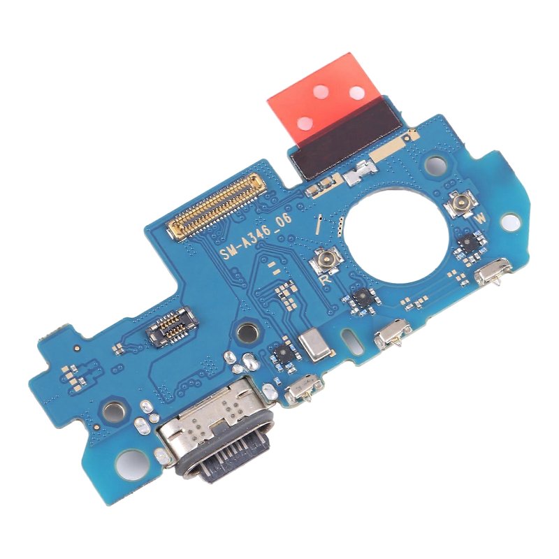 Samsung Galaxy A34 5G charging port board printed SM-A346_06, with USB-C port and microphone, angled view on a white background
