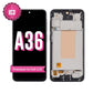 Samsung Galaxy A36 5G (SM-A366B) in-cell LCD replacement screen with middle frame, front marked A36 with a pink IC3 badge and Premium In-Cell LCD ribbon, beside the back of the frame