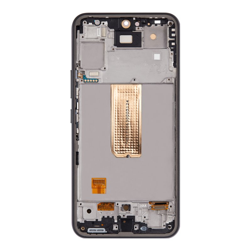 Back of the Samsung Galaxy A54 5G replacement OLED screen, showing the new middle frame with the copper heat spreader, ready for your board, sub-board and battery