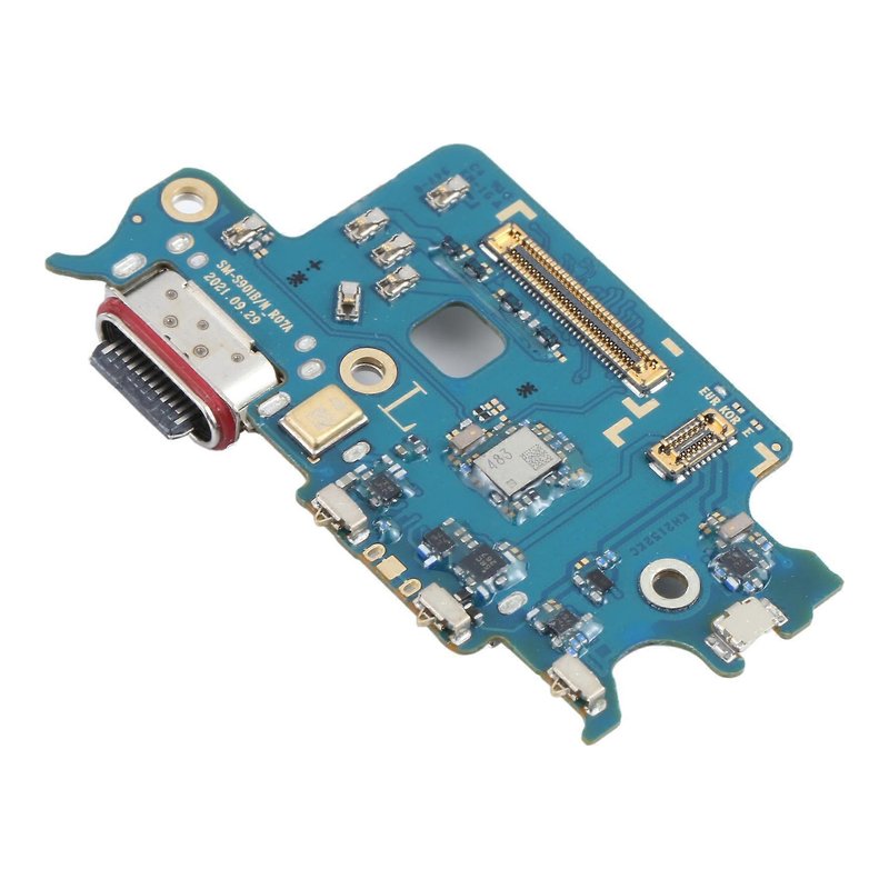 Samsung Galaxy S22 international charging port board printed SM-S901B/N, with USB-C port, SIM card reader and microphone, angled view on a white background