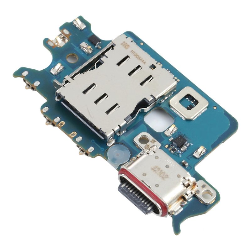Samsung Galaxy S22 international charging port board printed SM-S901B/N, with USB-C port, SIM card reader and microphone, view of the SIM reader side on a white background