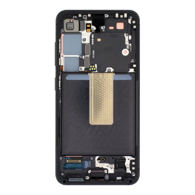 Back of the Samsung S23 OEM OLED replacement screen in its black middle frame, showing the copper heat spreader and flex cables, ready for your board and battery