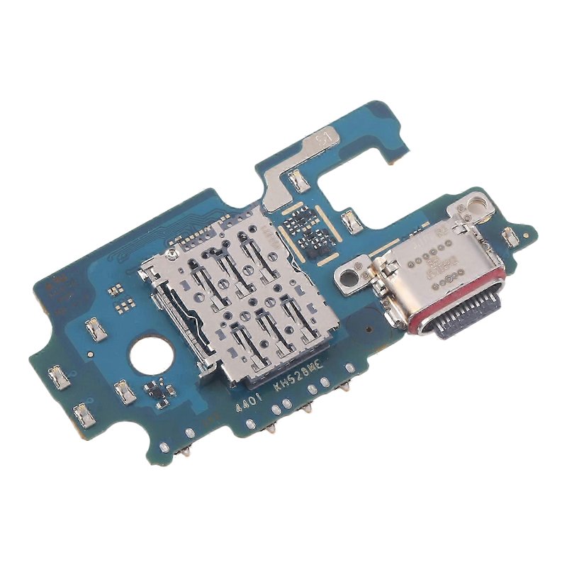 Samsung Galaxy S25 FE charging port board printed S731_05, with USB-C port, single SIM card reader and microphone, angled view of the SIM reader side on a white background