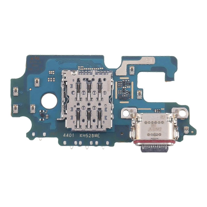 Samsung Galaxy S25 FE charging port board printed S731_05, with USB-C port, single SIM card reader and microphone, straight-on view of the SIM reader side on a white background