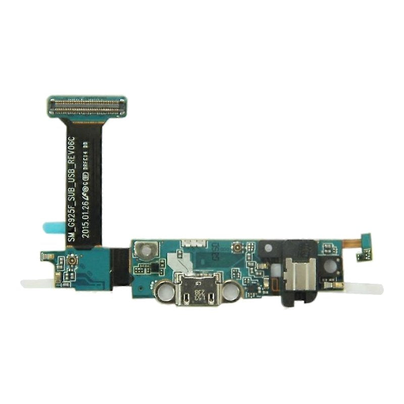 Samsung Galaxy S6 Edge charging port board printed SM-G925F, with micro USB port and headphone jack, straight-on front view on a white background