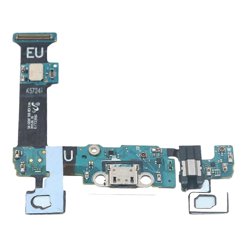 Samsung Galaxy S6 Edge Plus charging port board printed SM-G928F, with micro USB port, headphone jack and microphone, straight-on front view on a white background