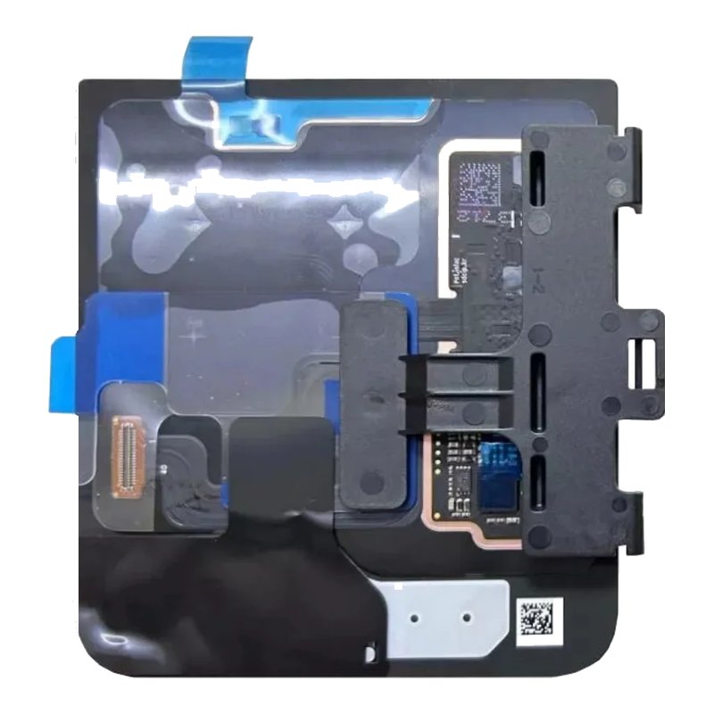 Inner side of the Samsung Galaxy Z Flip 5 replacement outer cover screen, showing the flex connector, the black bracket and the blue protective film tabs