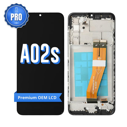 Samsung Galaxy A02s Premium OEM LCD screen with middle frame, front with the PRO badge and A02s lettering beside the back of the frame with its orange flex cable