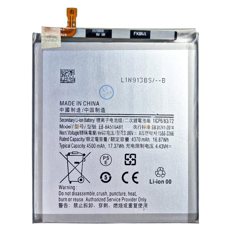 Samsung Galaxy A51 5G replacement battery EB-BA516ABY with 4500mAh capacity, 3.86V voltage and clearly printed battery specifications on a silver cell.
