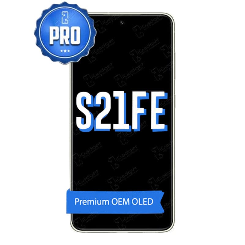 Samsung Galaxy S21 FE replacement display featuring PRO badge and Premium OEM OLED banner on a black screen with silver frame