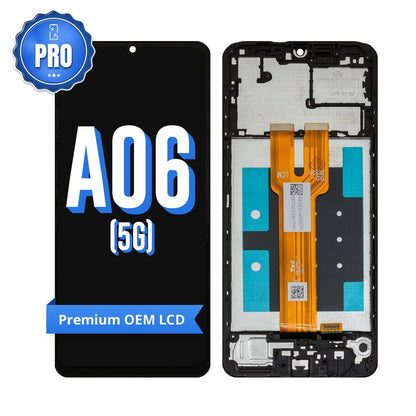 Samsung A06 5G screen replacement graphic with a blue PRO badge, a large A06 5G headline and a Premium OEM LCD banner, showing the display and its middle frame
